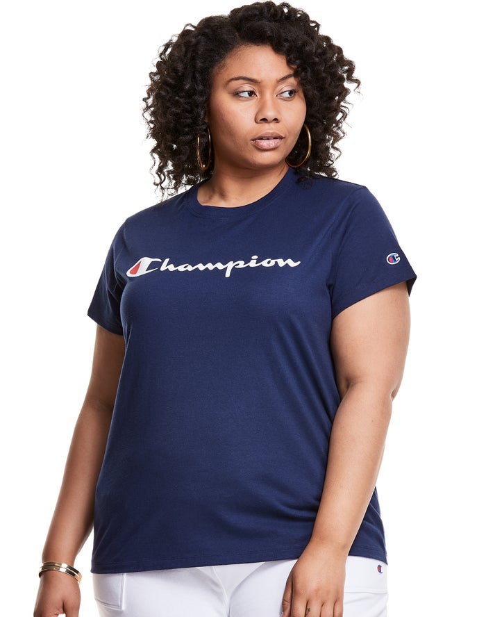 Champion Plus Classic Script Logo Kadın Tişört Lacivert ( YTKWLU705 )